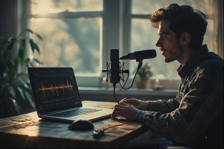 Practicing vocal variety by recording voice for pitch variation exercises.